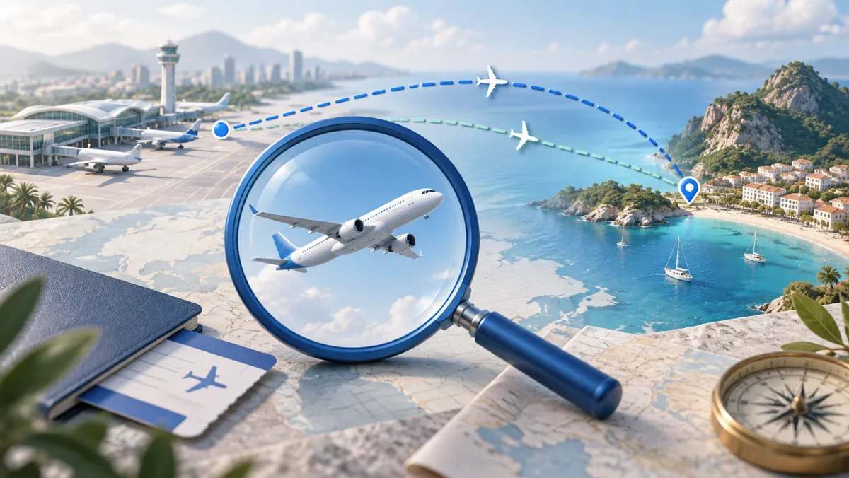 Flight paths to a coastal destination with an aircraft and magnifying glass
