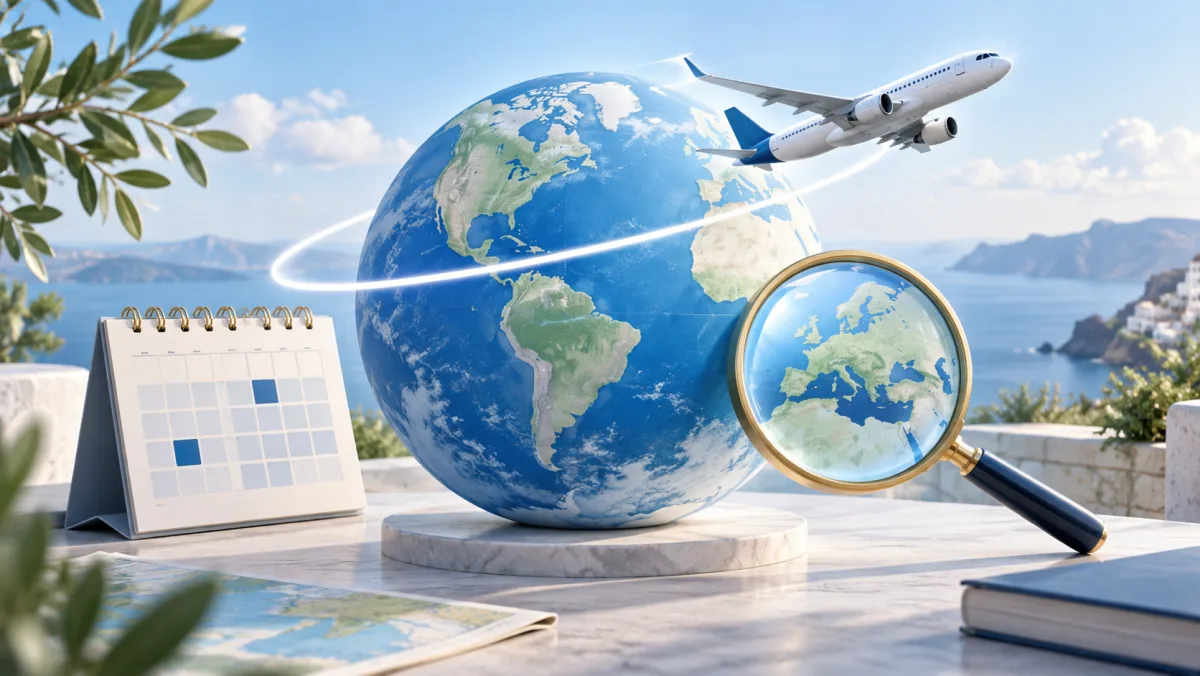 A blue globe with an aircraft, calendar, and magnifying glass