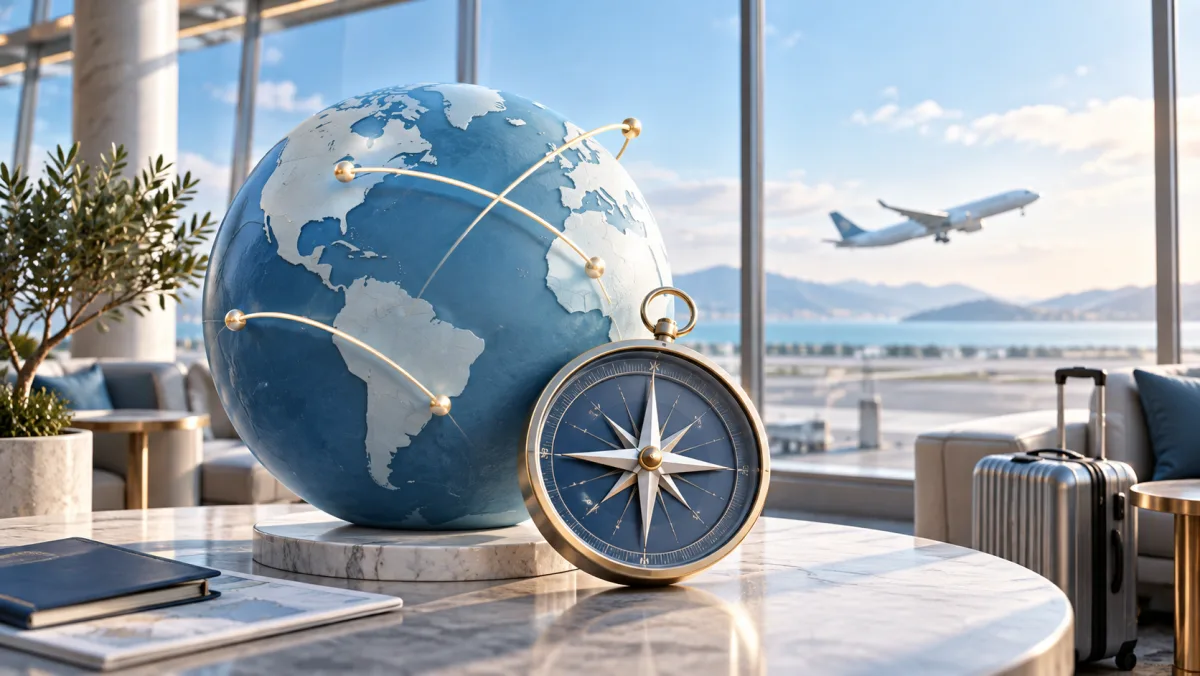 A blue globe, compass, and aircraft in a sunlit airport lounge