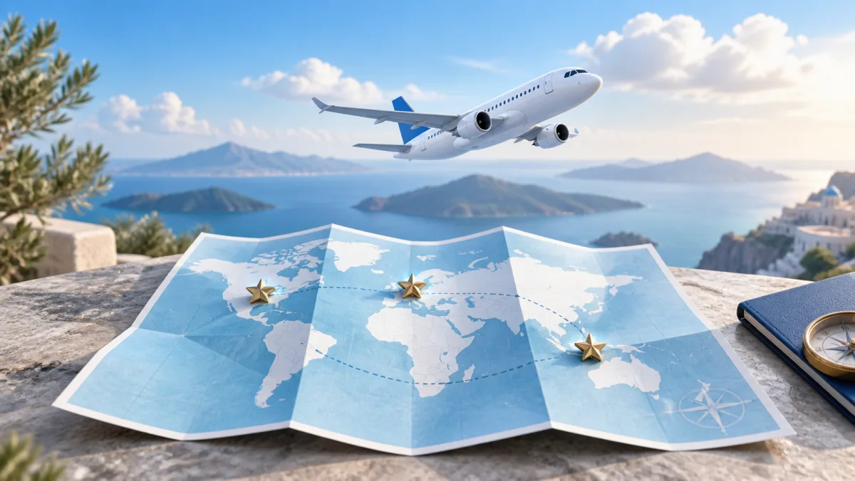 A white aircraft above blue travel maps and small star tokens