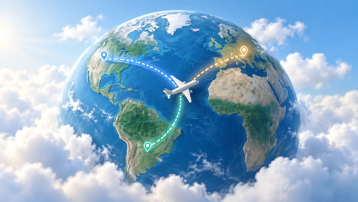 Branching flight paths around a globe with a small passenger aircraft