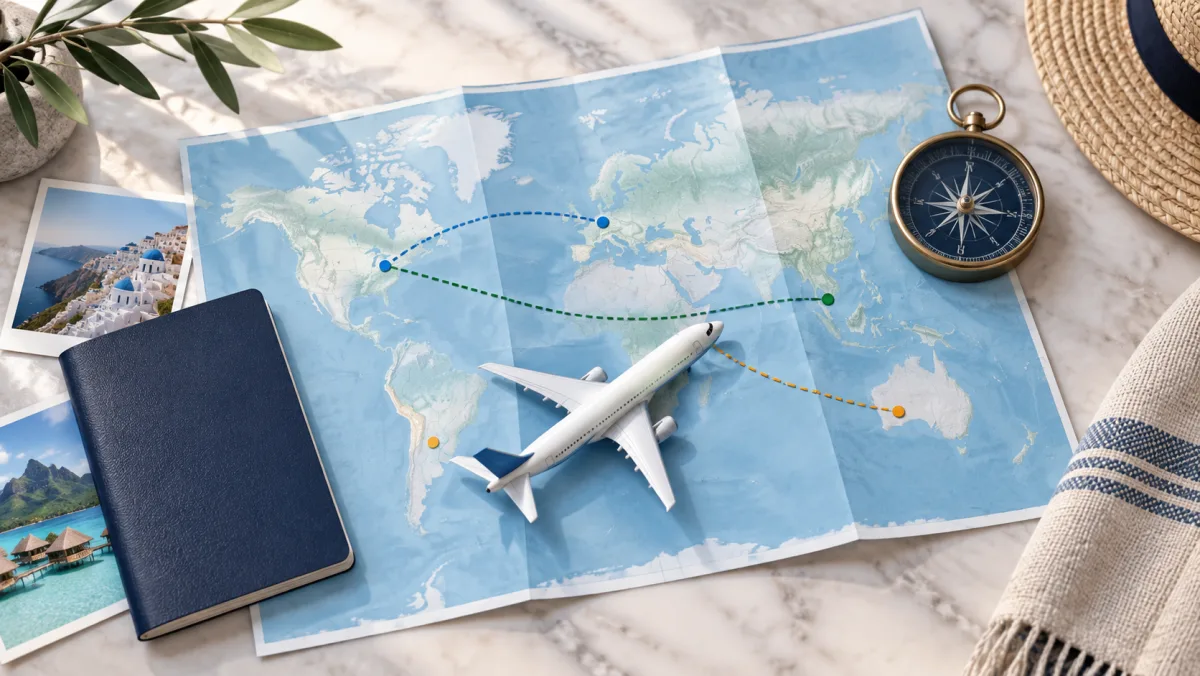 A folded blue map, passport, compass, and small aircraft