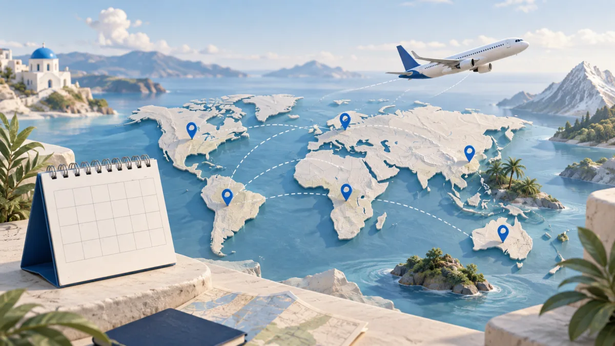 A travel calendar, destination pins, and an aircraft over a blue map