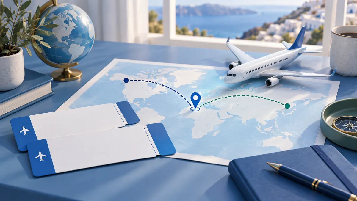 Two blank boarding passes and flight paths converging on a destination
