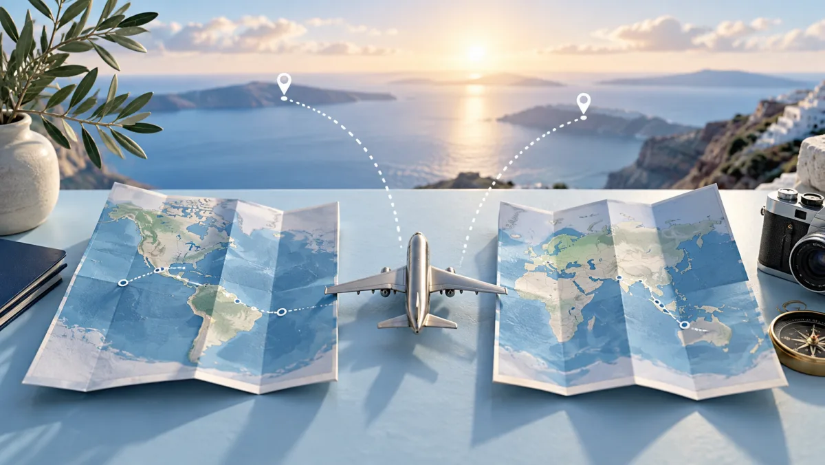 Two travel maps and a small aircraft representing different search approaches