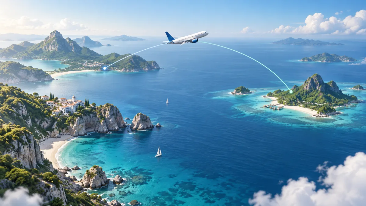 An aircraft and two flight paths over blue coastlines and islands