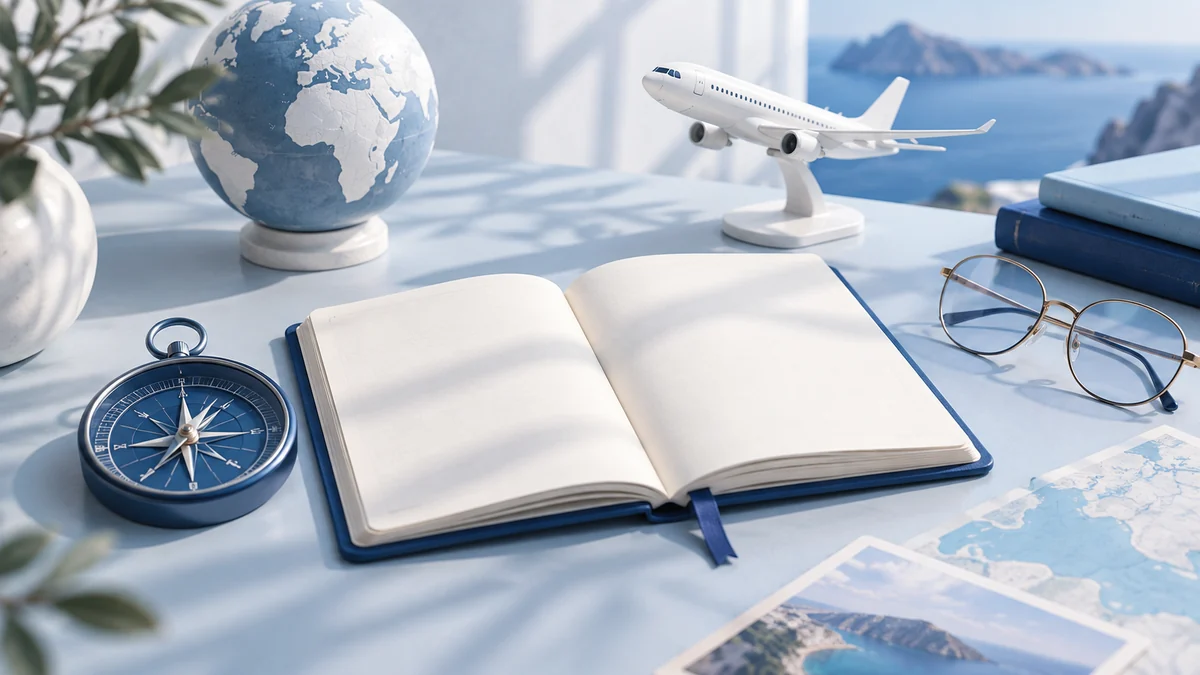 A blue compass, travel notebook, reading glasses, and a small aircraft on a desk