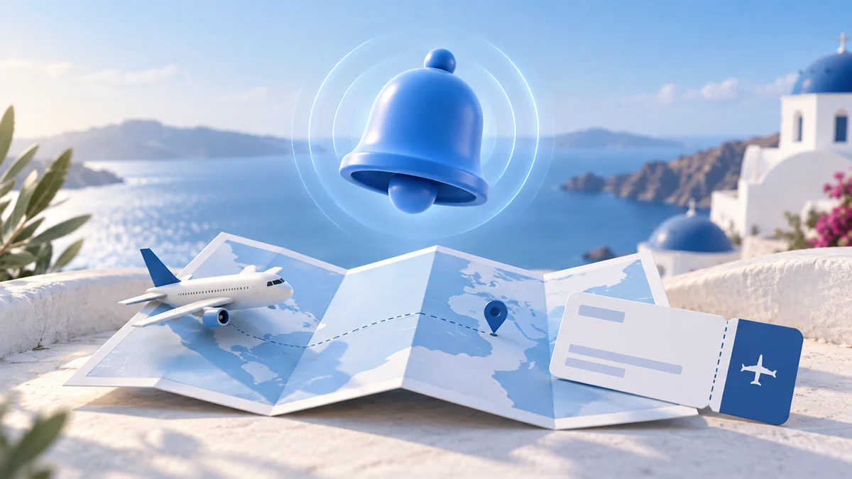 A blue notification bell above a travel map, boarding pass, and aircraft