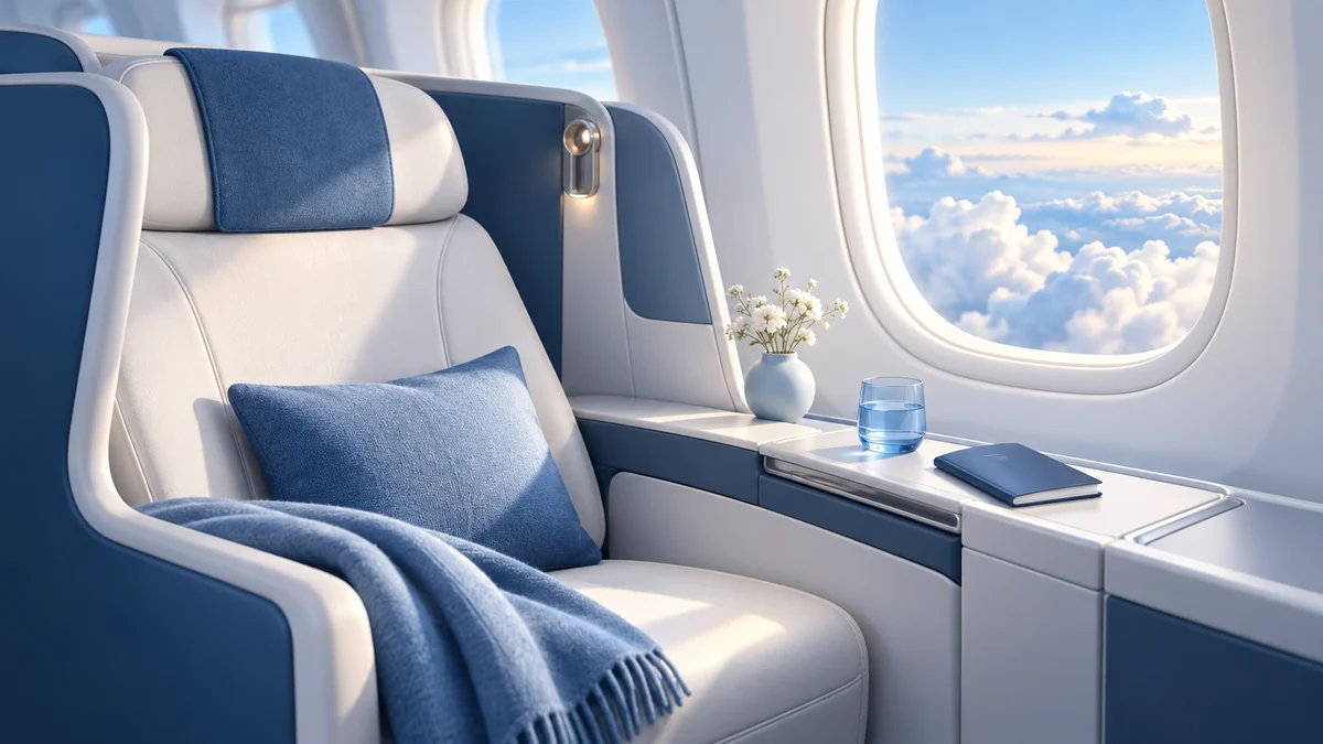 A blue premium airline seat and passport beside a sunlit aircraft window