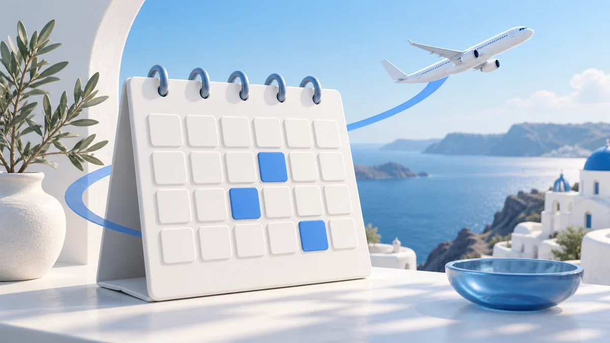 A blank travel calendar with blue highlighted dates and a white aircraft