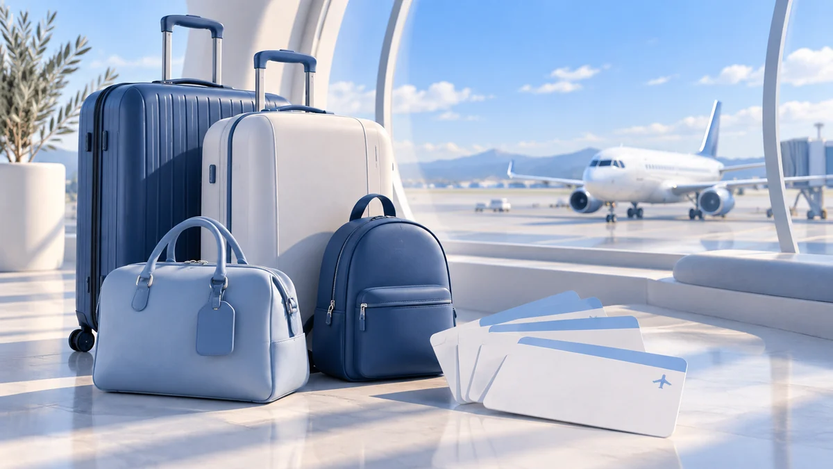 Two large and two small travel bags, boarding cards, and an aircraft at an airport window