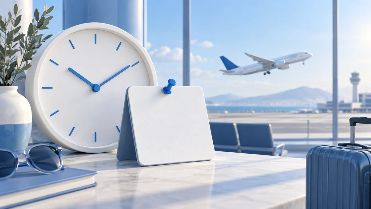 A white clock, pinned blue calendar tile, and an aircraft near an airport window