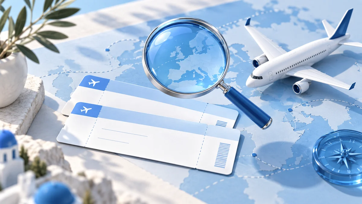 A magnifying glass above boarding passes and an aircraft on a blue map